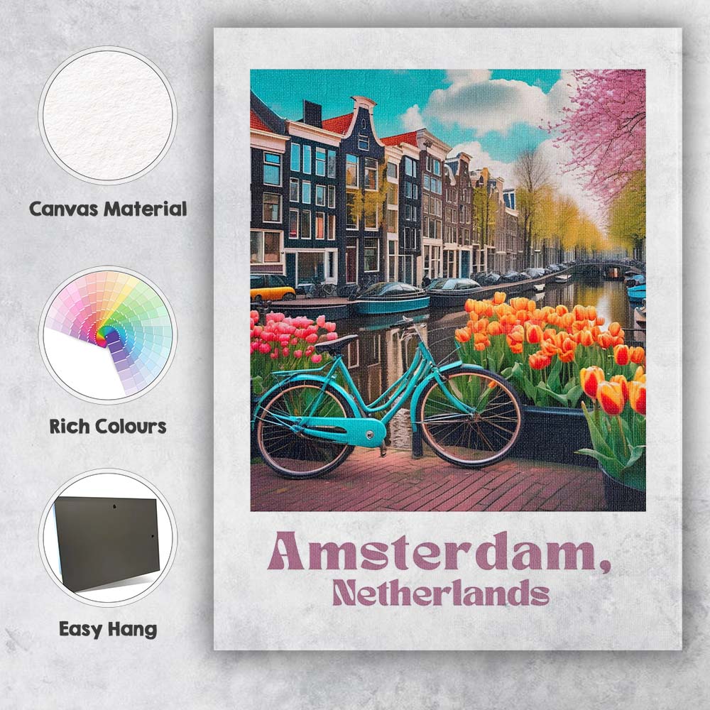 Amsterdam Canal Tulips Bicycle Spring Cityscape Travel Poster Canvas Wall Art Print Decor Picture Ready to Hang