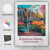 Amsterdam Canal Tulips Bicycle Spring Cityscape Travel Poster Canvas Wall Art Print Decor Picture Ready to Hang