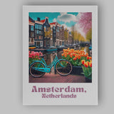 Amsterdam Canal Tulips Bicycle Spring Cityscape Travel Poster Canvas Wall Art Print Decor Picture Ready to Hang