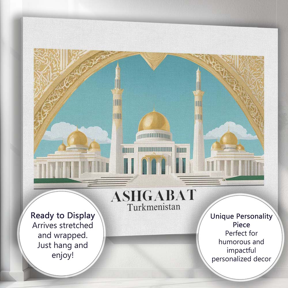 Grand Ashgabat White Marble Mosque Architecture Travel Poster Canvas Wall Art Print Decor Picture Ready to Hang