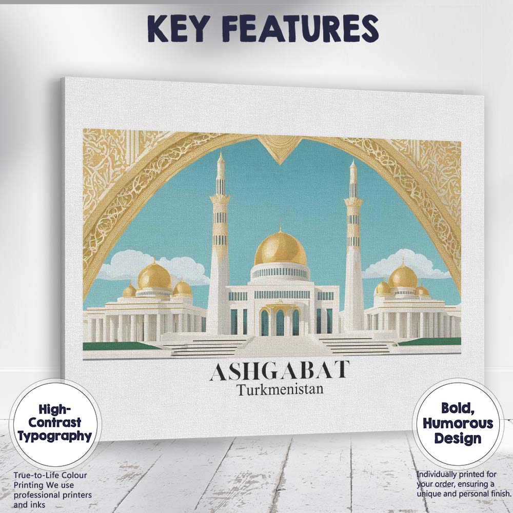 Grand Ashgabat White Marble Mosque Architecture Travel Poster Canvas Wall Art Print Decor Picture Ready to Hang