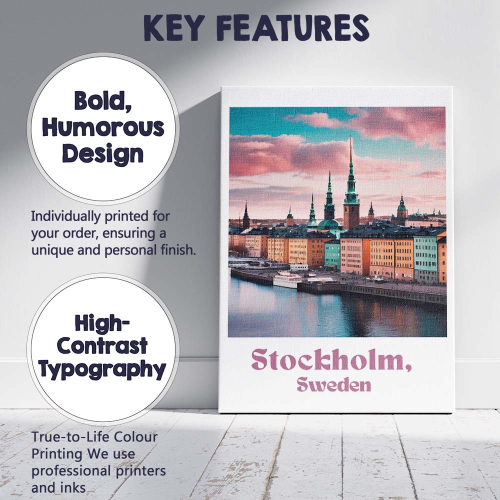 Stockholm Waterfront Old Town Pastel Sunset Travel Poster Canvas Wall Art Print Decor Picture Ready to Hang