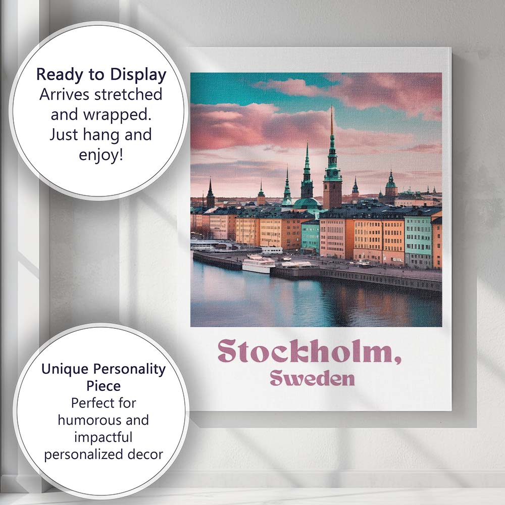 Stockholm Waterfront Old Town Pastel Sunset Travel Poster Canvas Wall Art Print Decor Picture Ready to Hang