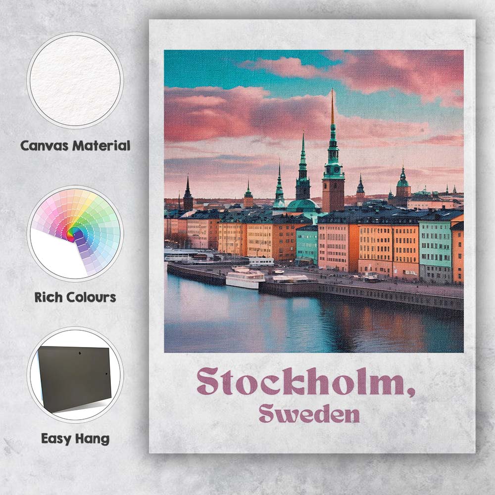 Stockholm Waterfront Old Town Pastel Sunset Travel Poster Canvas Wall Art Print Decor Picture Ready to Hang