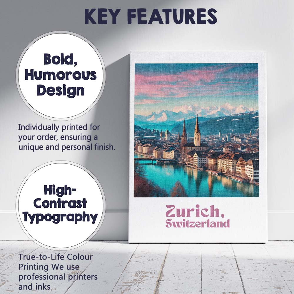 Zurich Switzerland Alpine Lake Cityscape Snow Capped Mountains Travel Poster Canvas Wall Art Print Decor Picture Ready to Hang