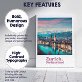 Zurich Switzerland Alpine Lake Cityscape Snow Capped Mountains Travel Poster Canvas Wall Art Print Decor Picture Ready to Hang