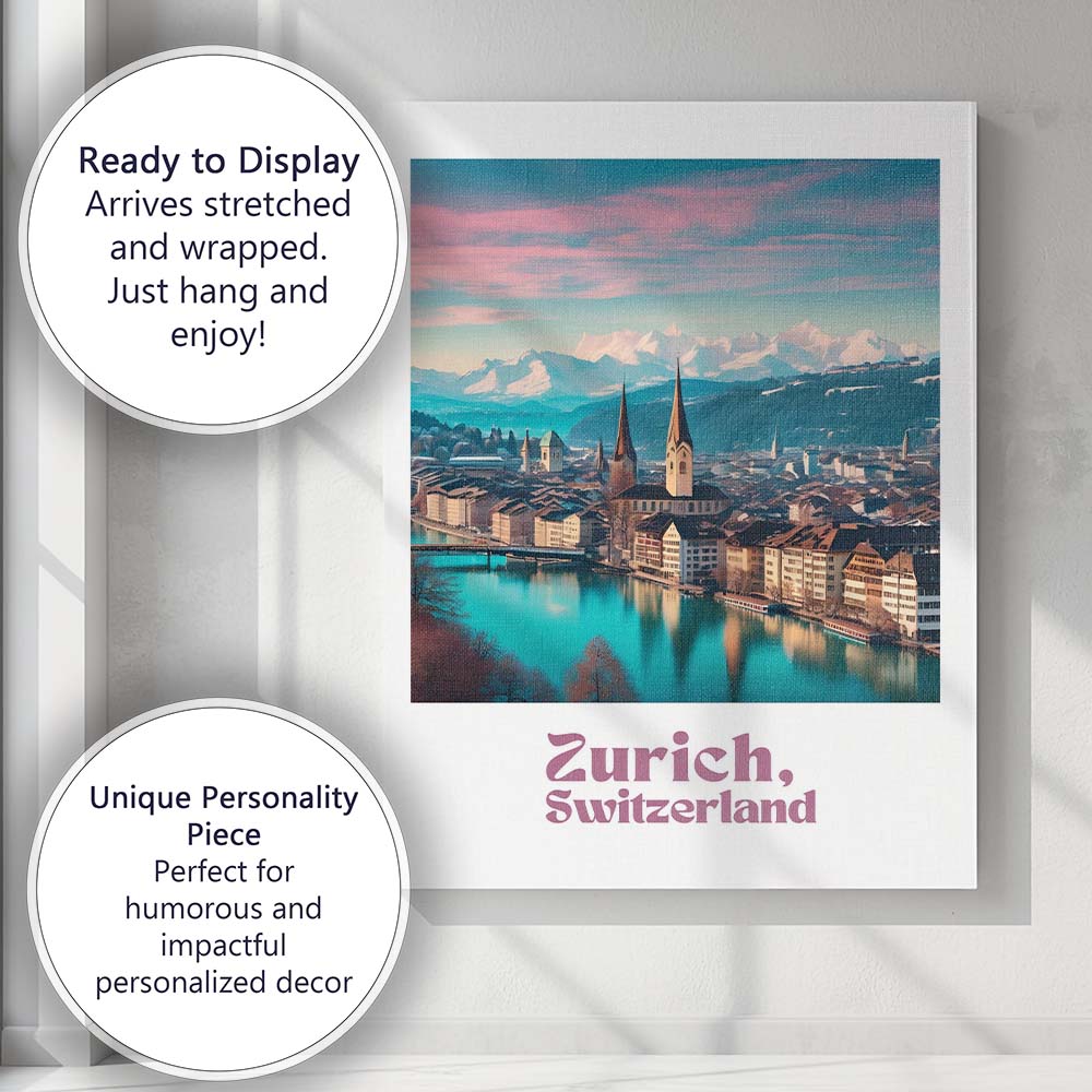 Zurich Switzerland Alpine Lake Cityscape Snow Capped Mountains Travel Poster Canvas Wall Art Print Decor Picture Ready to Hang