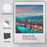 Zurich Switzerland Alpine Lake Cityscape Snow Capped Mountains Travel Poster Canvas Wall Art Print Decor Picture Ready to Hang
