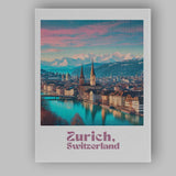 Zurich Switzerland Alpine Lake Cityscape Snow Capped Mountains Travel Poster Canvas Wall Art Print Decor Picture Ready to Hang