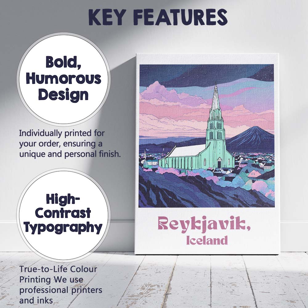 Reykjavik Iceland Hallgrimskirkja Church Pastel Mountain Landscape Travel Poster Canvas Wall Art Print Decor Picture Ready to Hang