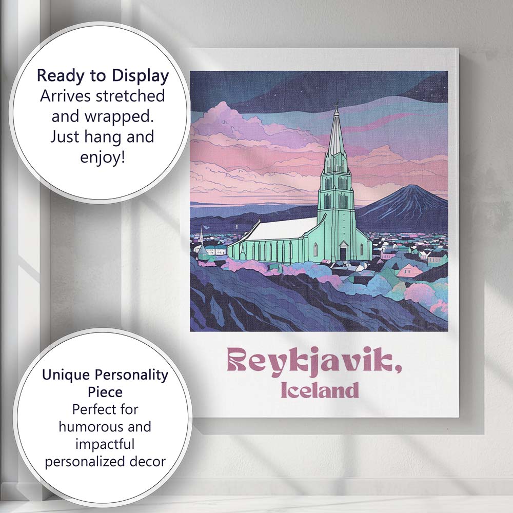 Reykjavik Iceland Hallgrimskirkja Church Pastel Mountain Landscape Travel Poster Canvas Wall Art Print Decor Picture Ready to Hang