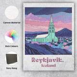 Reykjavik Iceland Hallgrimskirkja Church Pastel Mountain Landscape Travel Poster Canvas Wall Art Print Decor Picture Ready to Hang