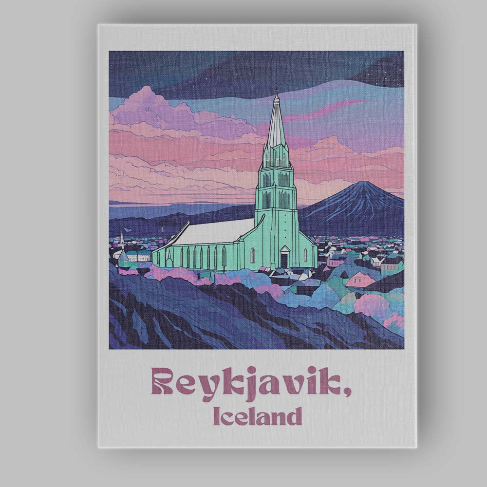 Reykjavik Iceland Hallgrimskirkja Church Pastel Mountain Landscape Travel Poster Canvas Wall Art Print Decor Picture Ready to Hang