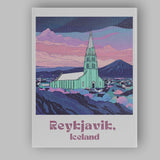 Reykjavik Iceland Hallgrimskirkja Church Pastel Mountain Landscape Travel Poster Canvas Wall Art Print Decor Picture Ready to Hang
