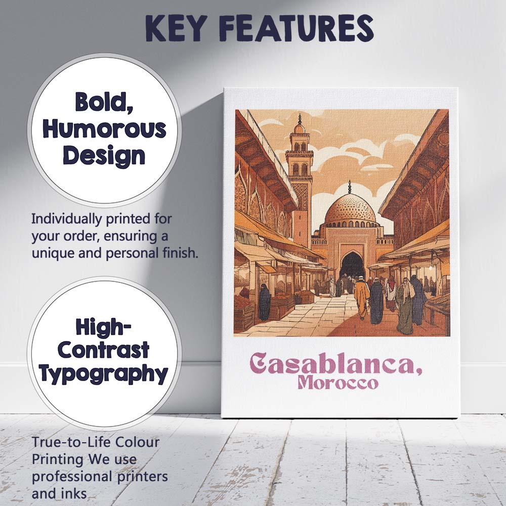 Casablanca Morocco Traditional Medina Mosque Market Street Travel Poster Canvas Wall Art Print Decor Picture Ready to Hang