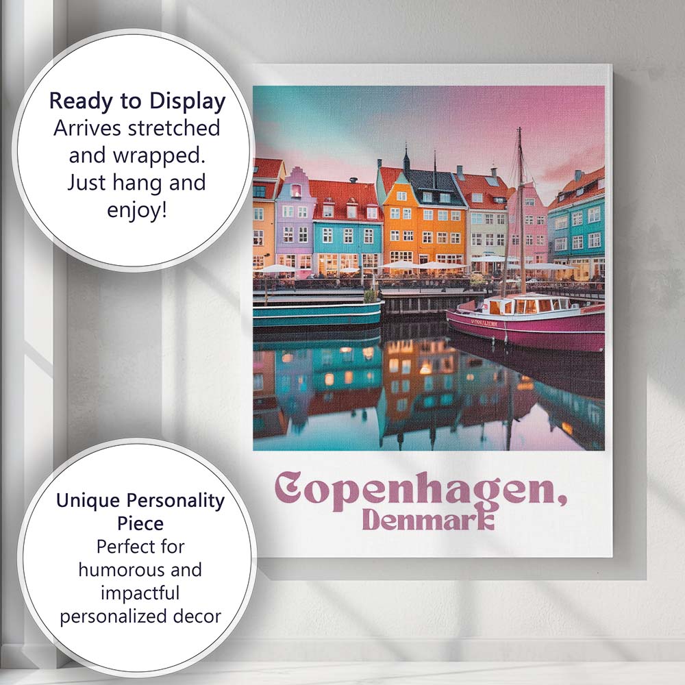 Copenhagen Denmark Colourful Nyhavn Waterfront Harbour Travel Poster Canvas Wall Art Print Decor Picture Ready to Hang