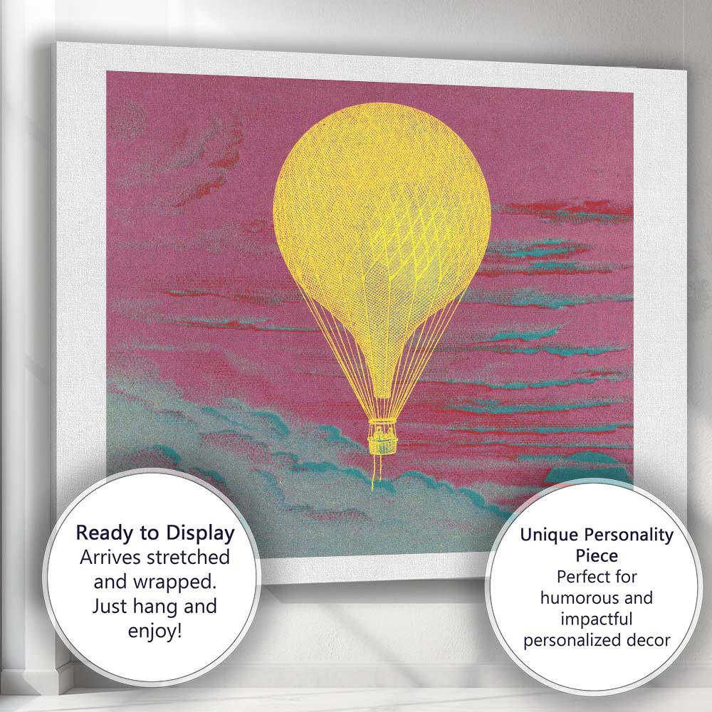 Abstract Yellow Hot Air Balloon Pink Sunset Sky Illustration Canvas Wall Art Print Decor Picture Ready to Hang