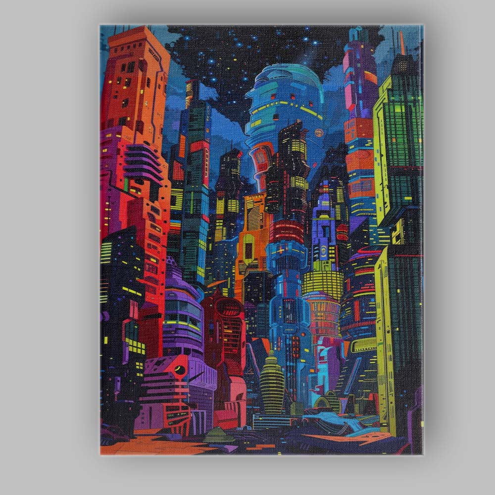 Neon Cyberpunk Futuristic City Night Skyline Illustration Canvas Wall Art Print Decor Picture Ready to Hang