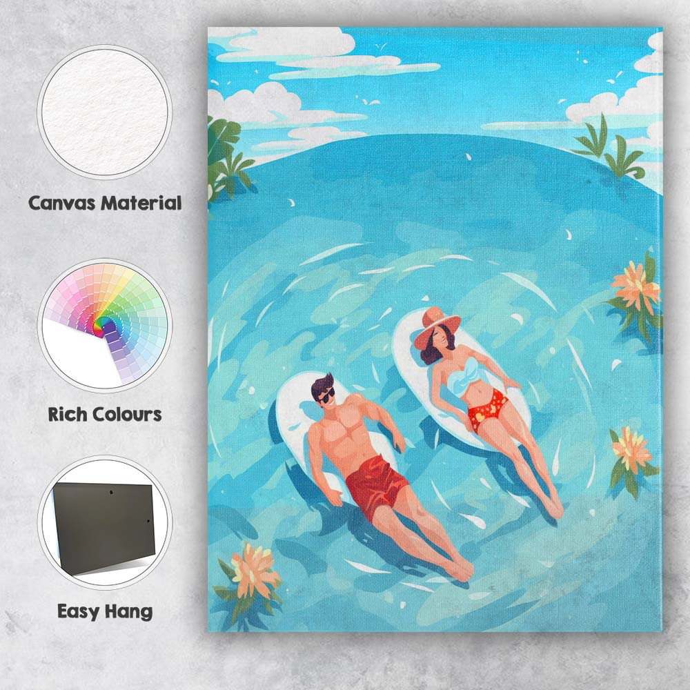 Relaxing Tropical Couple Floating In Crystal Blue Lagoon Canvas Wall Art Print Decor Picture Ready to Hang