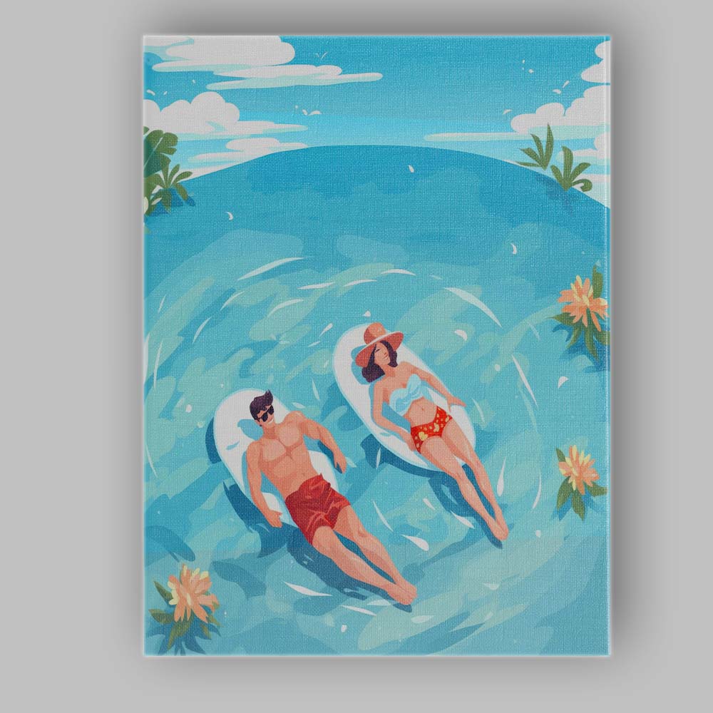 Relaxing Tropical Couple Floating In Crystal Blue Lagoon Canvas Wall Art Print Decor Picture Ready to Hang