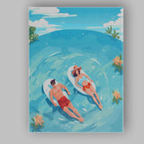 Relaxing Tropical Couple Floating In Crystal Blue Lagoon Canvas Wall Art Print Decor Picture Ready to Hang