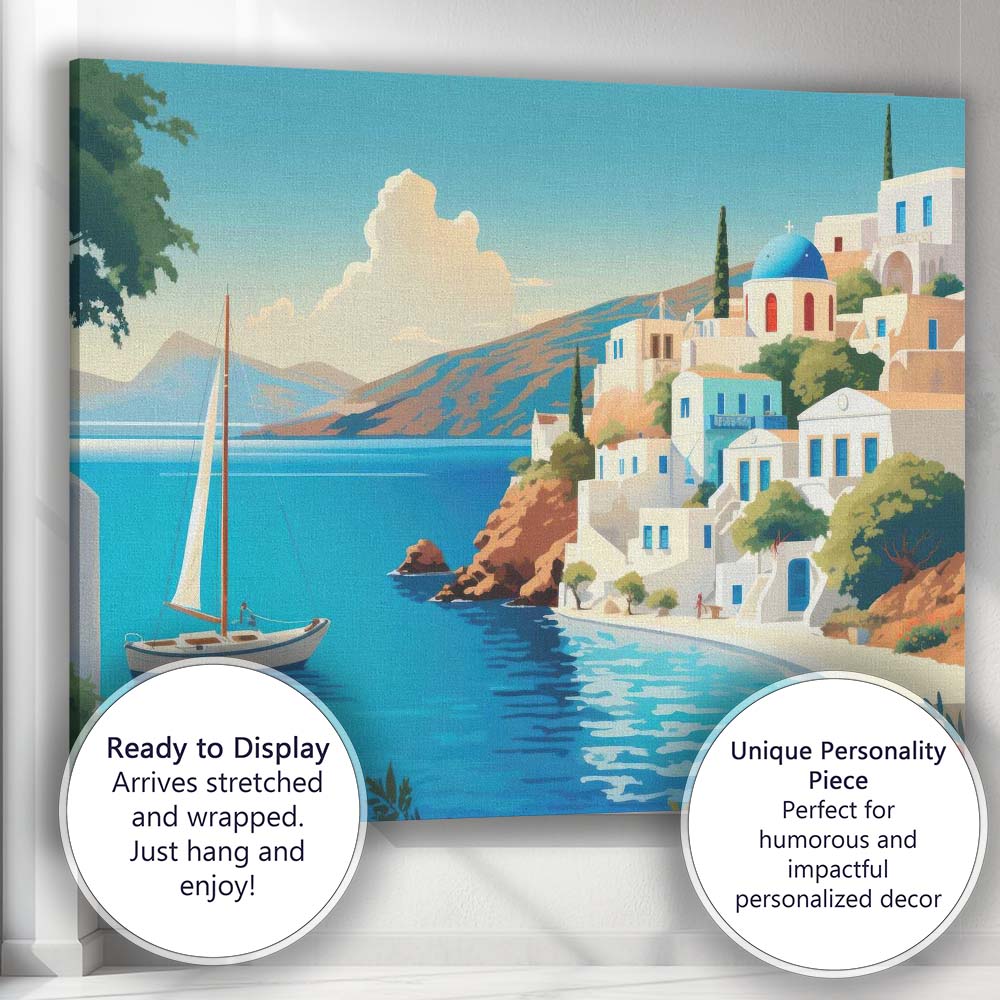 Greek Santorini Whitewashed Blue Domed Village Coastal Travel Poster Canvas Wall Art Print Decor Picture Ready to Hang