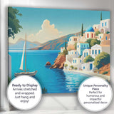 Greek Santorini Whitewashed Blue Domed Village Coastal Travel Poster Canvas Wall Art Print Decor Picture Ready to Hang