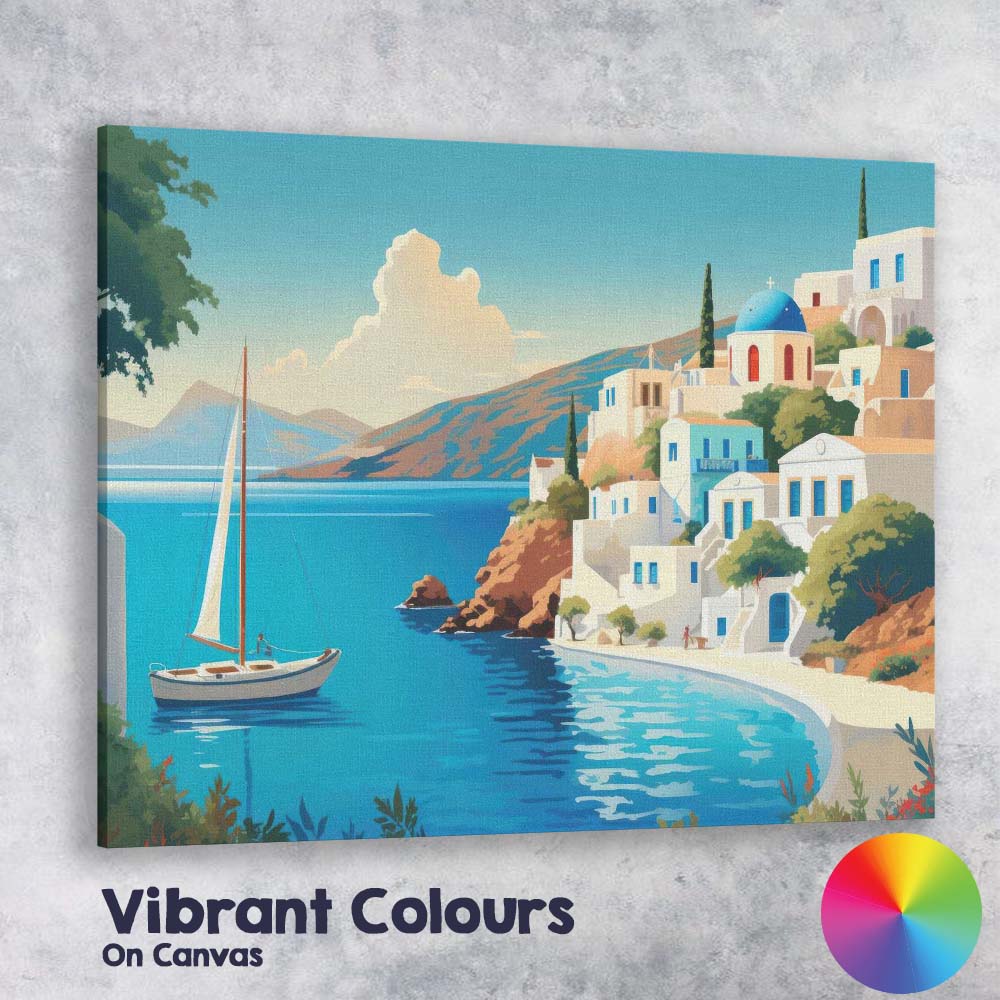 Greek Santorini Whitewashed Blue Domed Village Coastal Travel Poster Canvas Wall Art Print Decor Picture Ready to Hang