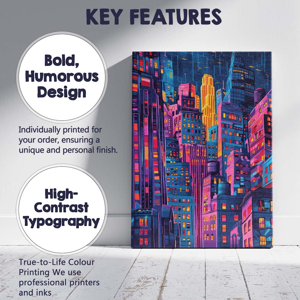 Neon Futuristic Cyberpunk City Skyline Night Illustration Canvas Wall Art Print Decor Picture Ready to Hang