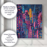 Neon Futuristic Cyberpunk City Skyline Night Illustration Canvas Wall Art Print Decor Picture Ready to Hang