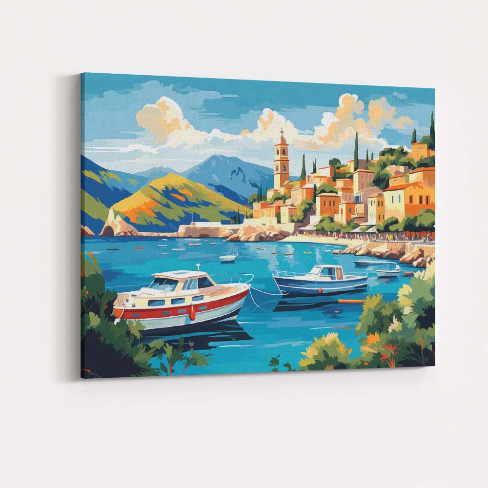 Mediterranean Coastal Harbour Fishing Boats Scenic Village Travel Poster Canvas Wall Art Print Decor Picture Ready to Hang