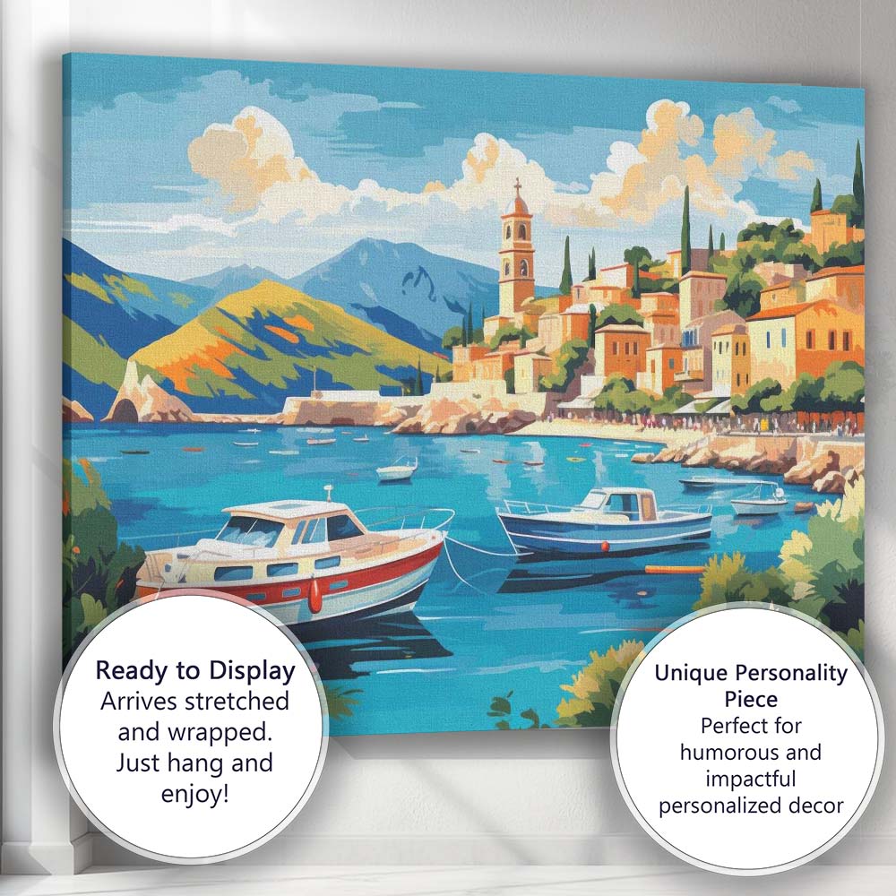 Mediterranean Coastal Harbour Fishing Boats Scenic Village Travel Poster Canvas Wall Art Print Decor Picture Ready to Hang