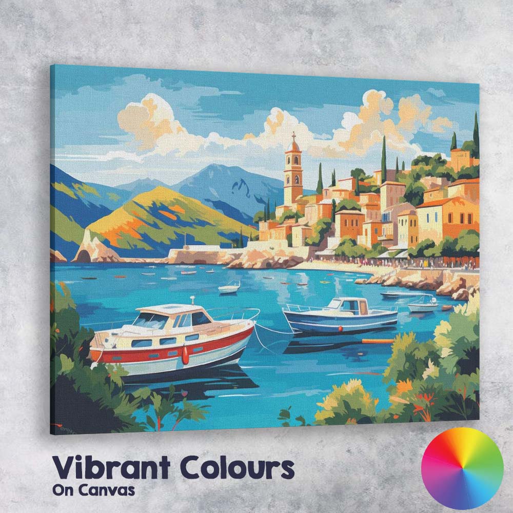 Mediterranean Coastal Harbour Fishing Boats Scenic Village Travel Poster Canvas Wall Art Print Decor Picture Ready to Hang