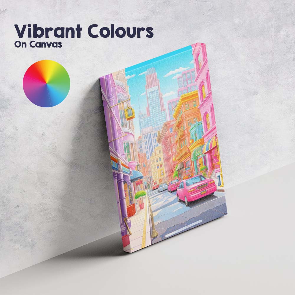 Pastel Rainbow City Street Colourful Urban Architecture Illustration Canvas Wall Art Print Decor Picture Ready to Hang
