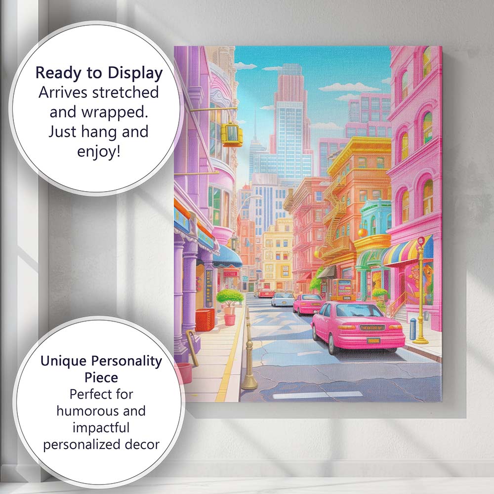 Pastel Rainbow City Street Colourful Urban Architecture Illustration Canvas Wall Art Print Decor Picture Ready to Hang