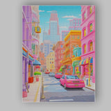 Pastel Rainbow City Street Colourful Urban Architecture Illustration Canvas Wall Art Print Decor Picture Ready to Hang