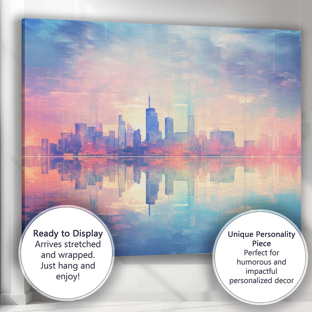 Dreamy Pastel Modern City Skyline Reflection Abstract Illustration Canvas Wall Art Print Decor Picture Ready to Hang