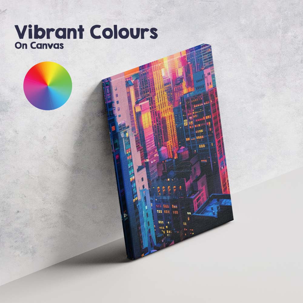 Vibrant Neon City Skyscrapers Sunset Urban Photography Canvas Wall Art Print Decor Picture Ready to Hang