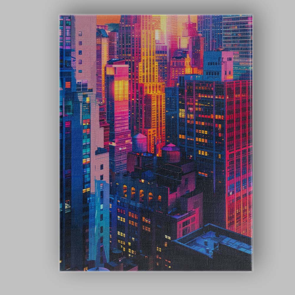 Vibrant Neon City Skyscrapers Sunset Urban Photography Canvas Wall Art Print Decor Picture Ready to Hang