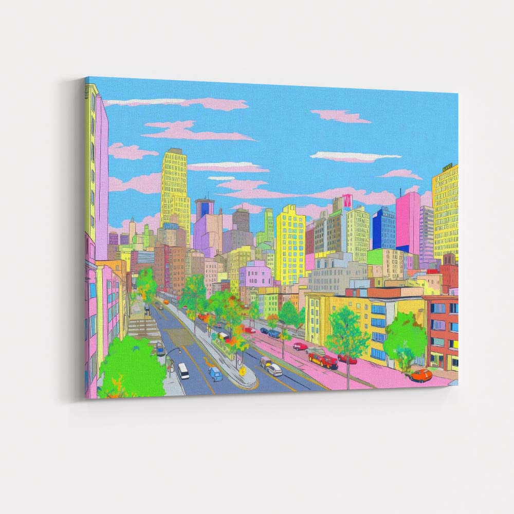 Pastel Modern City Street Skyline Illustration Canvas Wall Art Print Decor Picture Ready to Hang