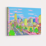 Pastel Modern City Street Skyline Illustration Canvas Wall Art Print Decor Picture Ready to Hang