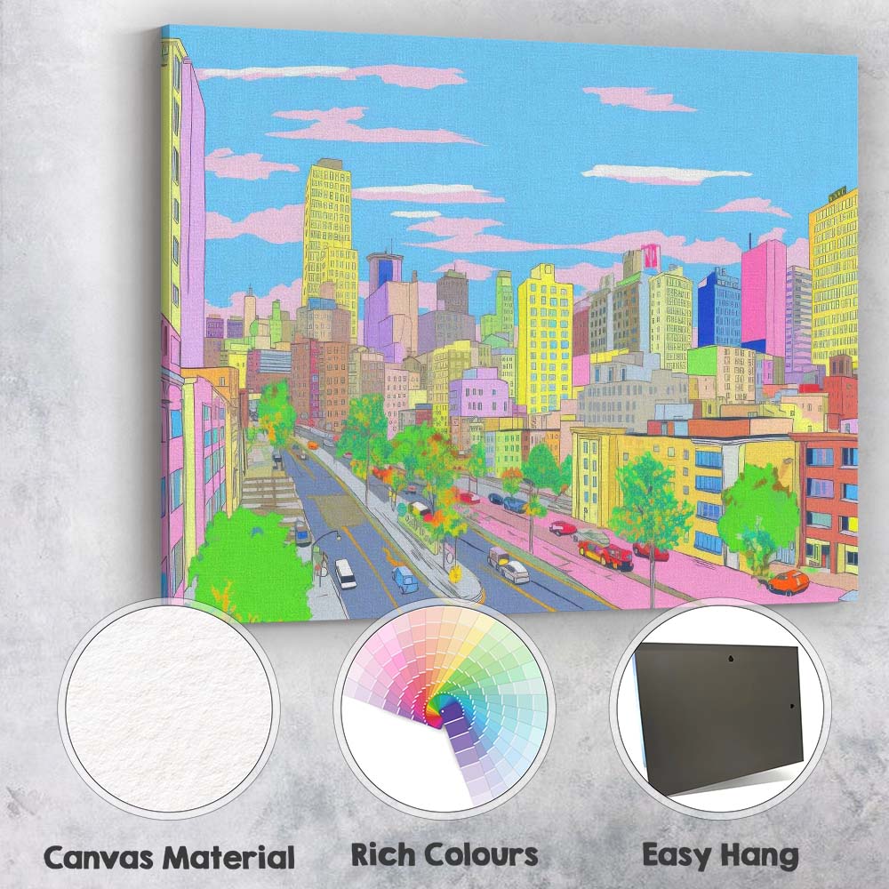 Pastel Modern City Street Skyline Illustration Canvas Wall Art Print Decor Picture Ready to Hang