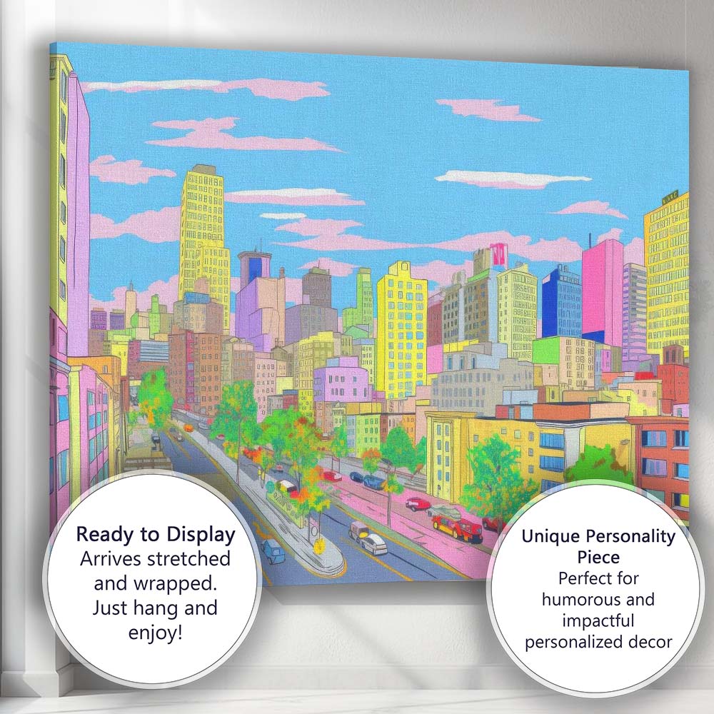 Pastel Modern City Street Skyline Illustration Canvas Wall Art Print Decor Picture Ready to Hang