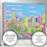 Pastel Modern City Street Skyline Illustration Canvas Wall Art Print Decor Picture Ready to Hang