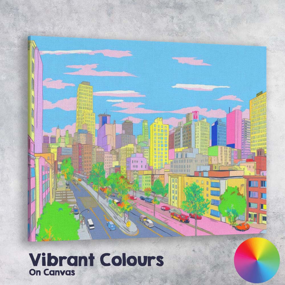 Pastel Modern City Street Skyline Illustration Canvas Wall Art Print Decor Picture Ready to Hang