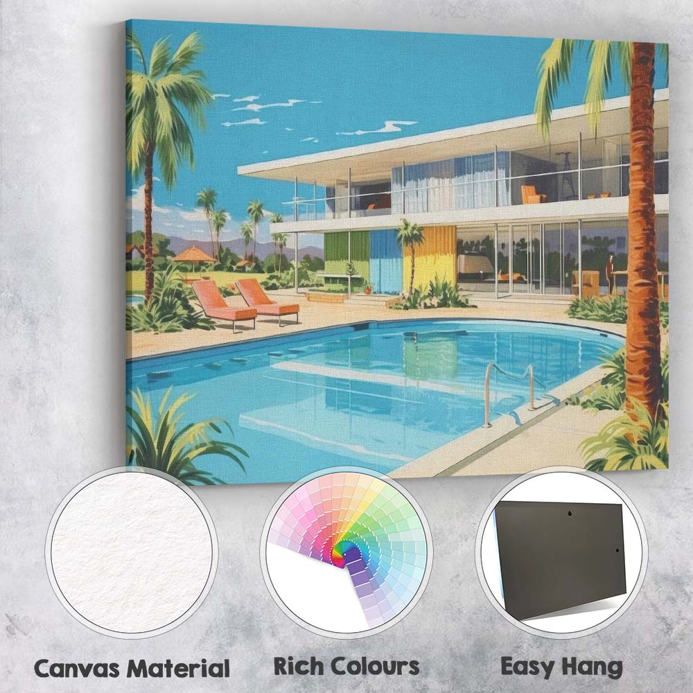 Mid Century Modern Luxury Palm Springs House Pool Canvas Wall Art Print Decor Picture Ready to Hang