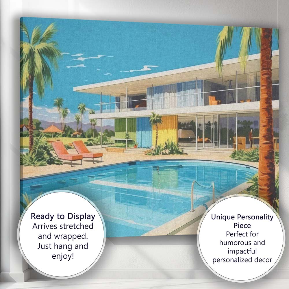 Mid Century Modern Luxury Palm Springs House Pool Canvas Wall Art Print Decor Picture Ready to Hang