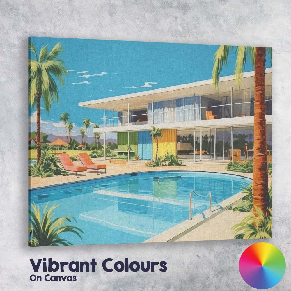Mid Century Modern Luxury Palm Springs House Pool Canvas Wall Art Print Decor Picture Ready to Hang