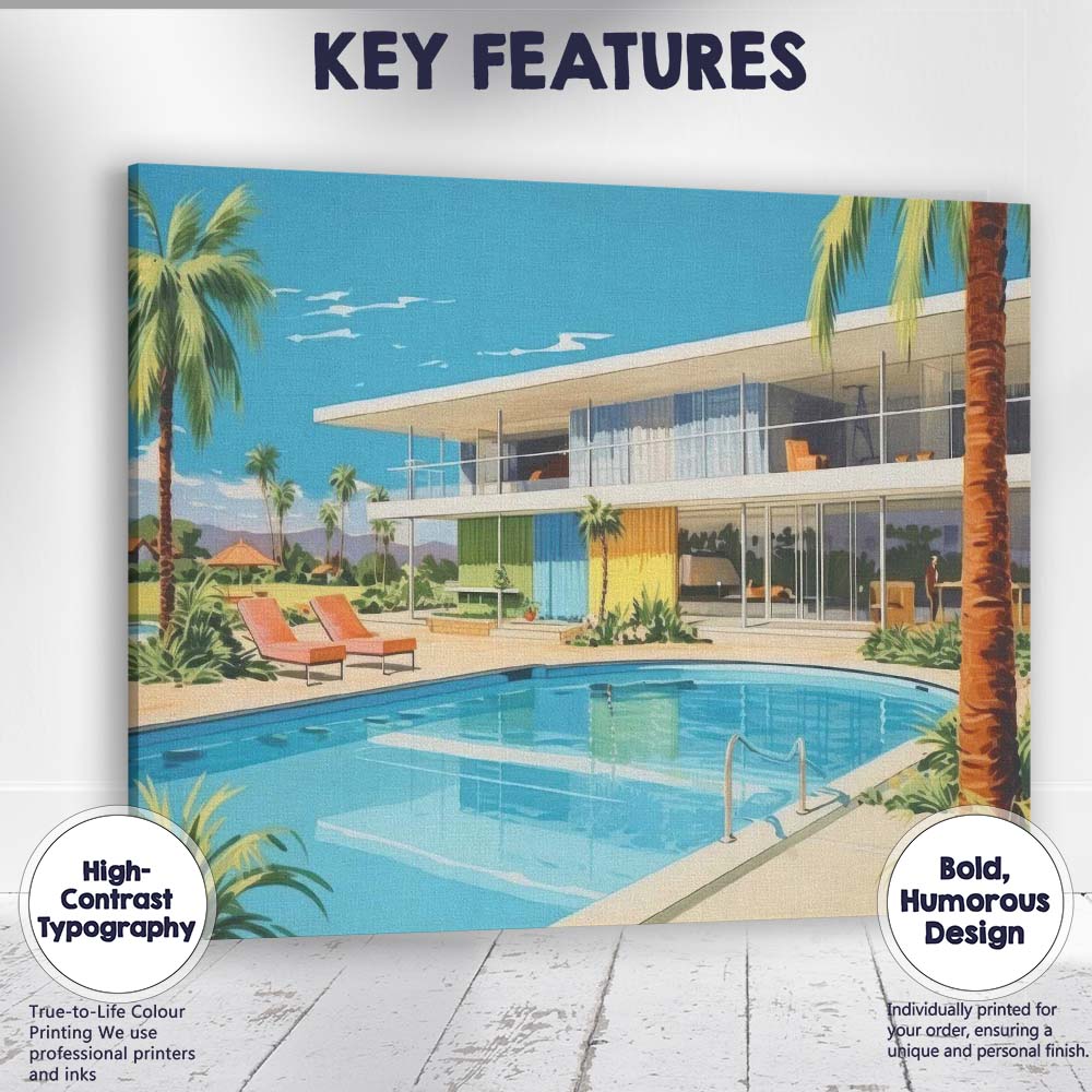 Mid Century Modern Luxury Palm Springs House Pool Canvas Wall Art Print Decor Picture Ready to Hang