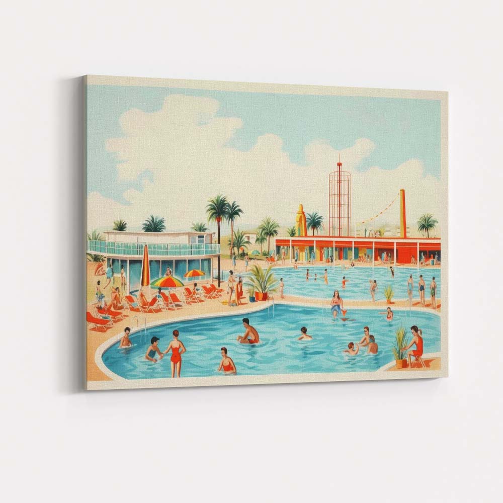 Retro Palm Springs Resort Swimming Pool Holiday Illustration Canvas Wall Art Print Decor Picture Ready to Hang